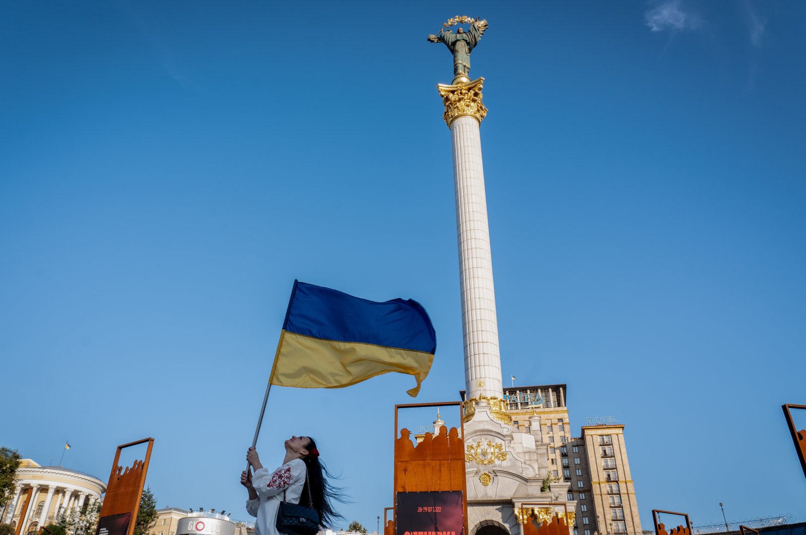 A woman wearing a Ukrainian vyshyvanka, a traditional embroidered garment, is seen holding the Ukrainian flag on the 33rd Independence Day, Aug. 24, 2024. (Getty Images)