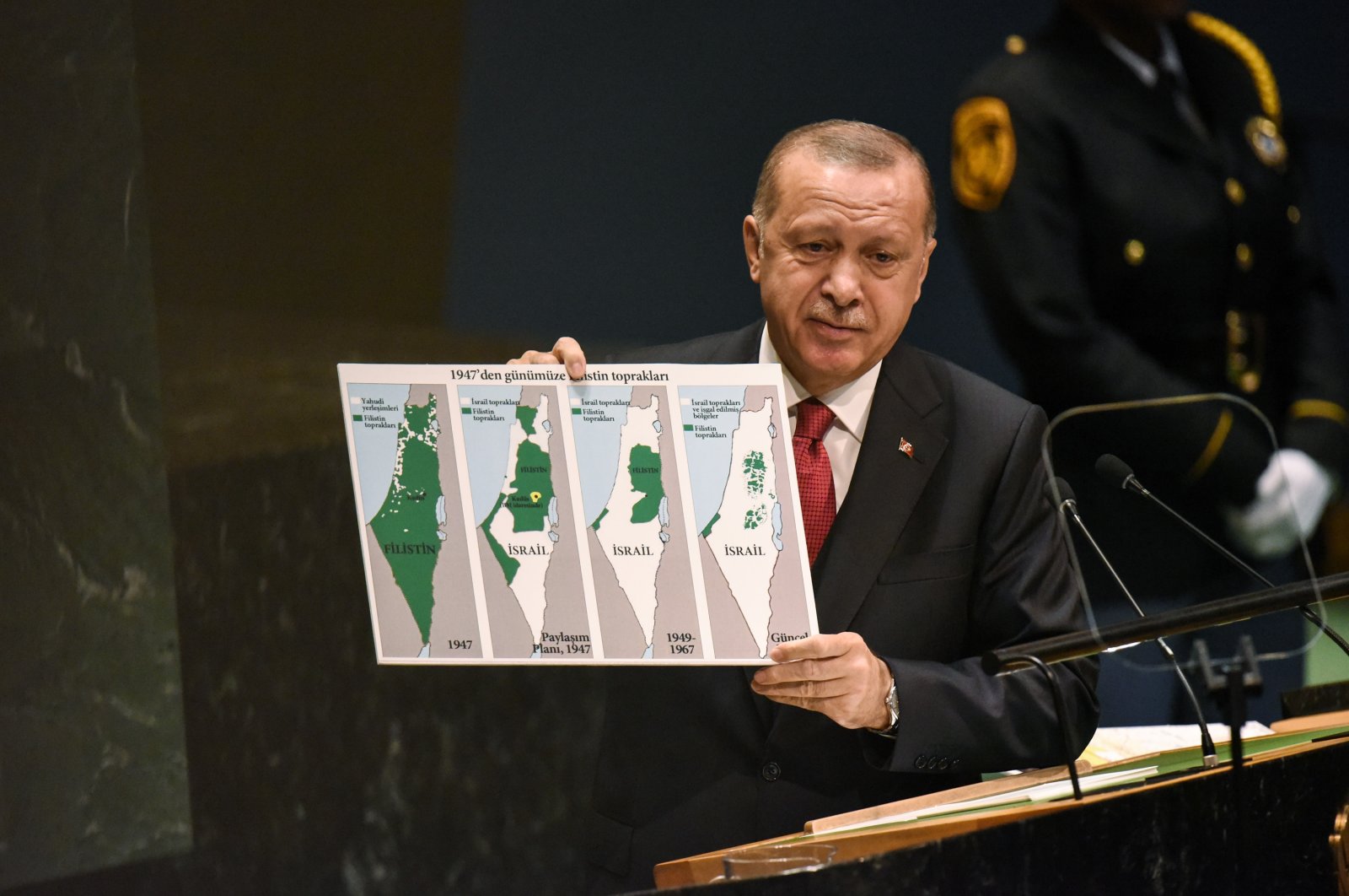 President Recep Tayyip Erdoğan holds a map of Palestine and Israel during his speech at the United Nations (U.N.) General Assembly, Sept. 24, 2019, in New York City, U.S. (Getty Images Photo)