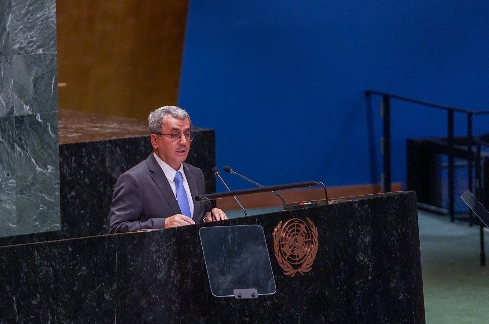 Türkiye&#039;s U.N. envoy Ahmet Yıldız speaks at the U.N. General Assembly meeting on resolution on Palestine, Sept. 17, 2024. (AA Photo)