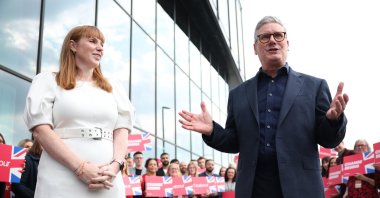 British Prime Minister Sir Keir Starmer (R) and British Deputy Prime Minister Angela Rayner arrive on the day before the Labour Party Conference in Liverpool, U.K., Sept. 21, 2024. (EPA Photo)
