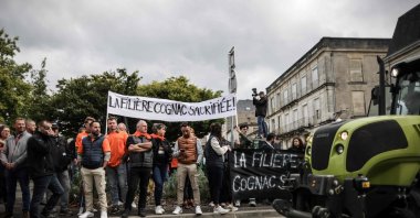 Cognac winegrowers hold banners reading "The cognac sector sacrificed" during a demonstration against Chinese tax threats, Cognac, France, Sept. 17, 2024. (AFP Photo)