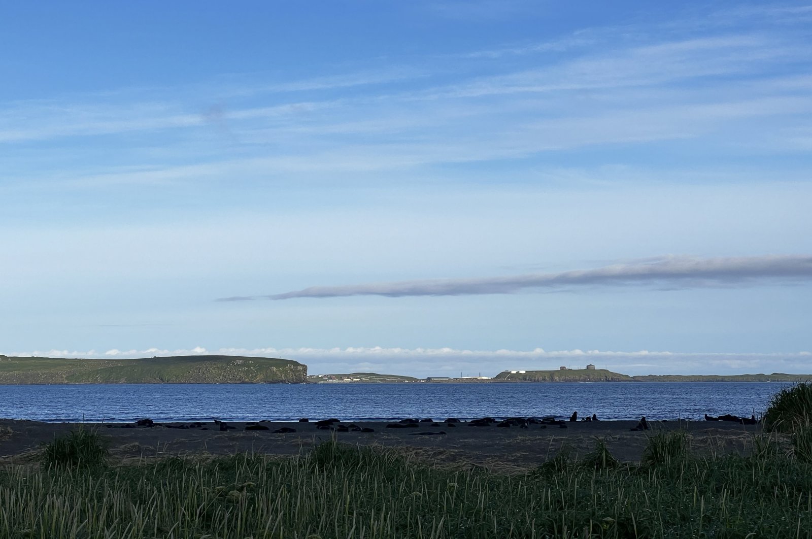 This undated photo provided by Aleut Community of St. Paul Island Ecosystem Conservation Office shows a view of St. Paul Island, Alaska, including the developed area that includes homes and water towers. (AP Photo)