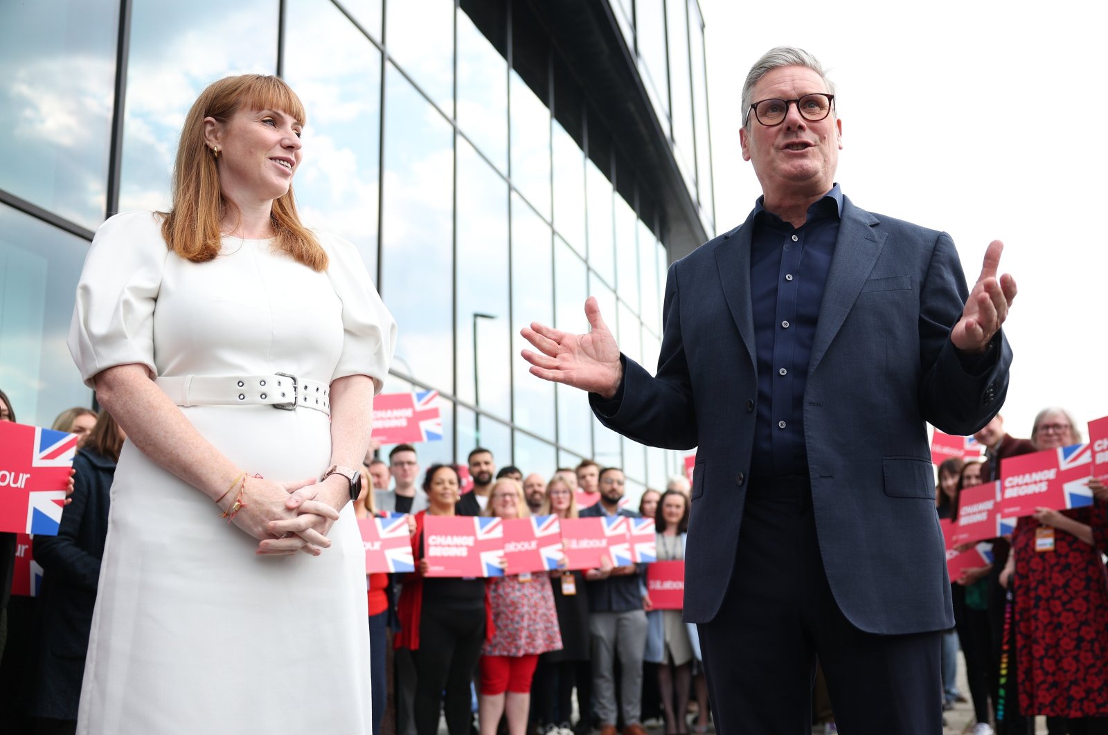 British Prime Minister Sir Keir Starmer (R) and British Deputy Prime Minister Angela Rayner arrive on the day before the Labour Party Conference in Liverpool, U.K., Sept. 21, 2024. (EPA Photo)