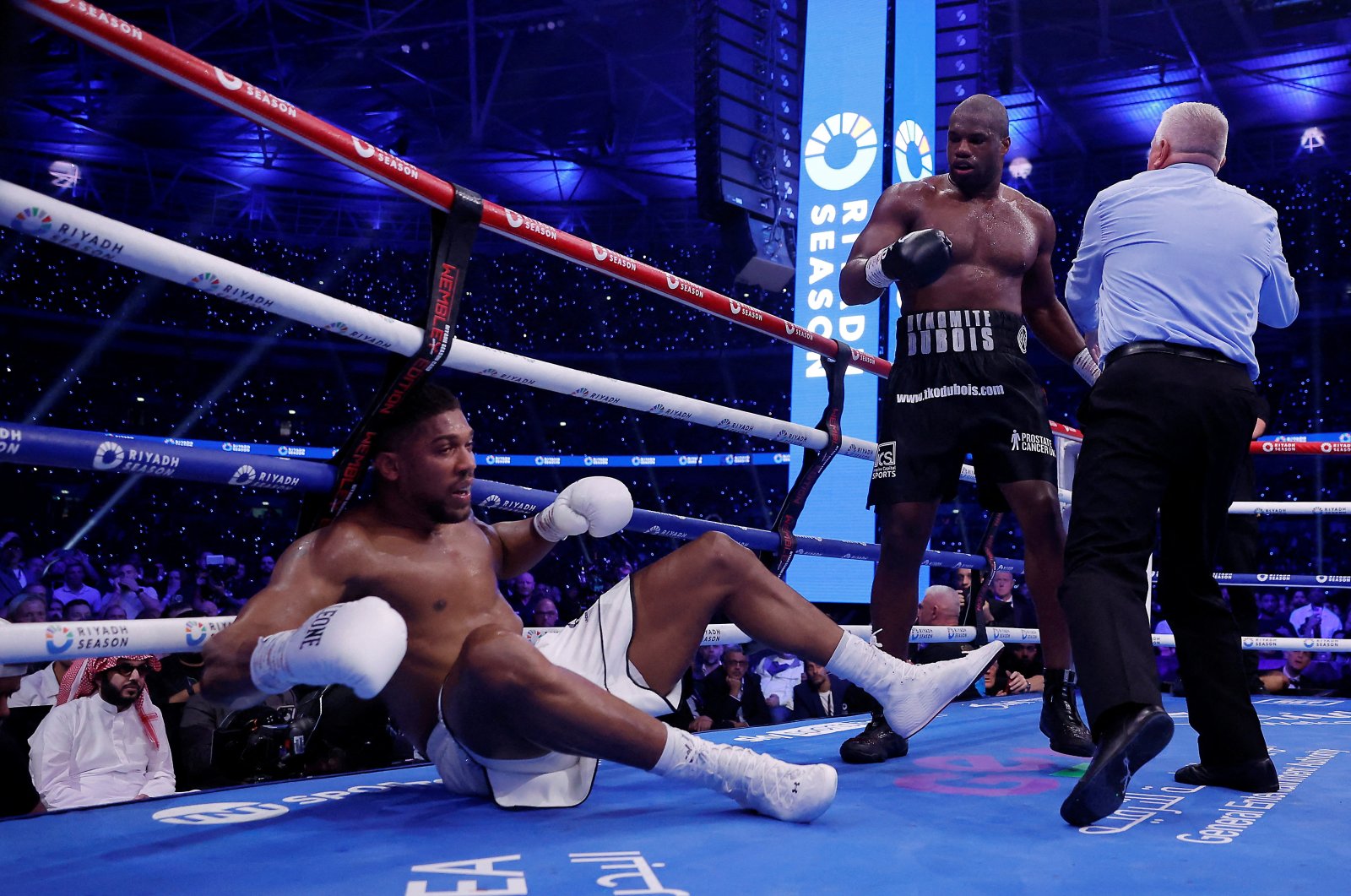 Anthony Joshua after being knocked down by Daniel Dubois in the IBF World Heavyweight Title fight, London, U.K., Sept. 21, 2024. (Reuters Photo)