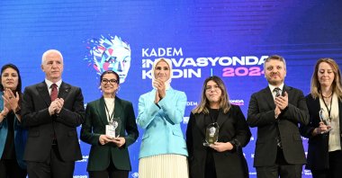Zekeriya Coştu (2nd R), Istanbul Governor Davut Gül (2nd L) and Sümeyye Erdoğan Bayraktar (4th R) attend the award ceremony, Istanbul, Türkiye, Sept. 22, 2024. (AA Photo)