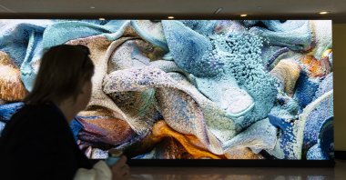 A person walks past an AI-generated video art installation entitled &#039;Large Nature Model: Coral&#039; by artist Refik Anadol at the U.N. headquarters in New York, U.S., Sept. 19, 2024. (EPA Photo)