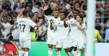 Real Madrid players celebrate a goal during the Spanish league football match against Espanyol at Santiago Bernabeu Stadium, Madrid, Spain, Sept. 21, 2024. (AFP Photo)