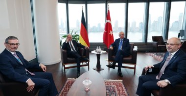 President Recep Tayyip Erdoğan and Germany's Chancellor Olaf Scholz hold a meeting in New York, Sept. 23, 2024. (DHA Photo)