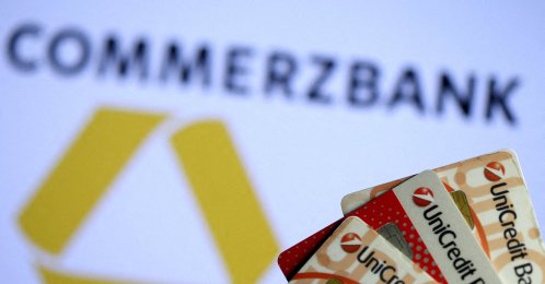 UniCredit credit cards are seen in front of a displayed Commerzbank logo in this illustration taken on Sept. 20, 2017. (Reuters Photo)