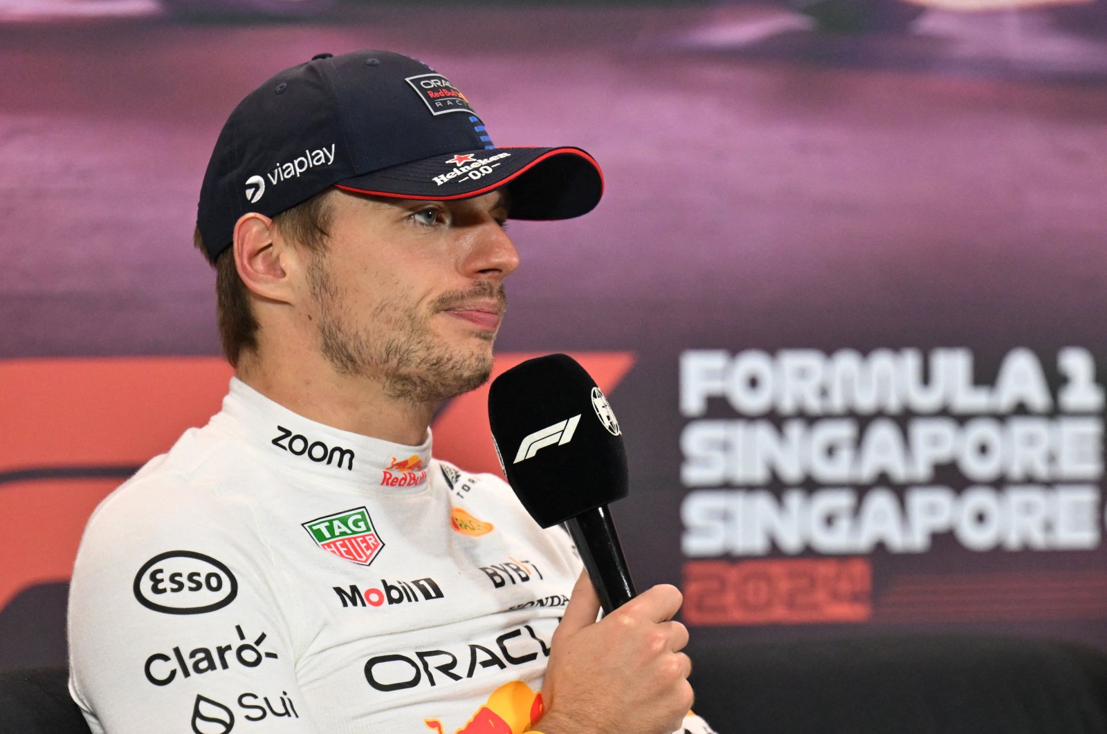 Red Bull&#039;s Max Verstappen during a post-race news conference after finishing second place in the Singapore Grand Prix, Singapore, Sept. 22, 2024. (Reuters Photo)