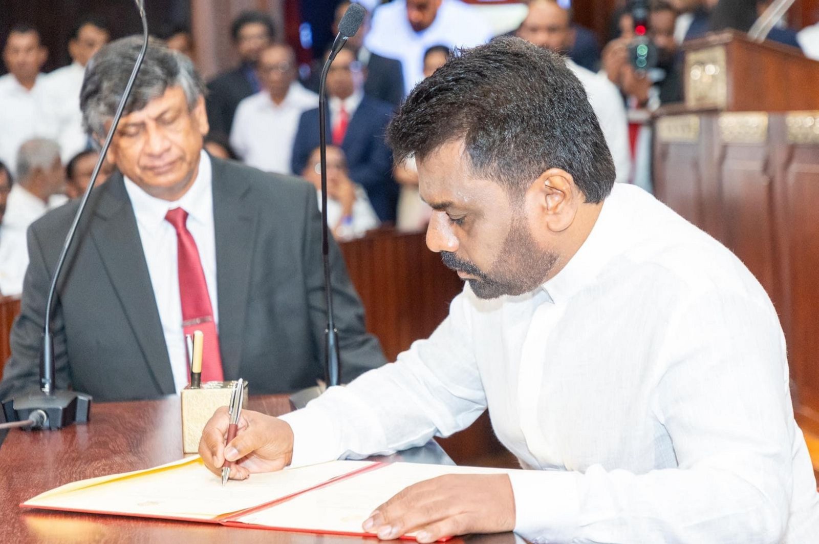 Sri Lanka&#039;s newly elected President Anura Kumara Dissanayake seen during his swearing-in ceremony, Colombo, Sri Lanka, Sept. 23, 2024. (AA Photo)