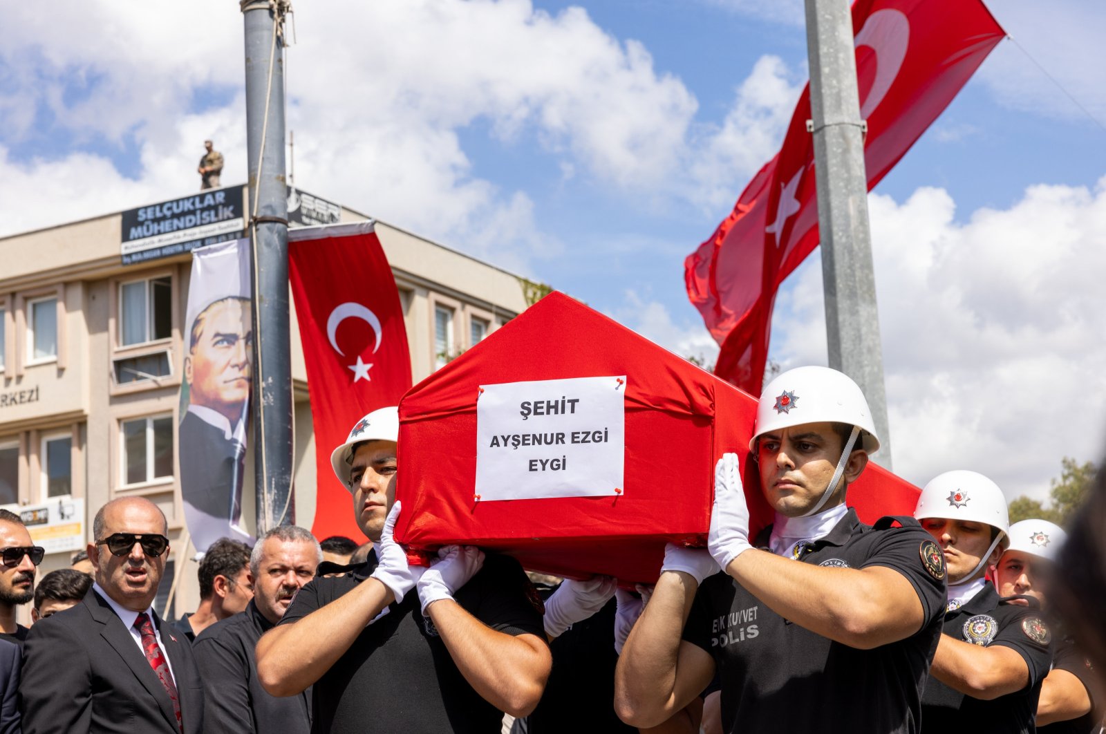 Honor guards carry the coffin of Turkish American activist Ayşenur Ezgi Eygi before her burial in Didim, Aydın, western Türkiye, Sept. 14, 2024. (AA Photo)