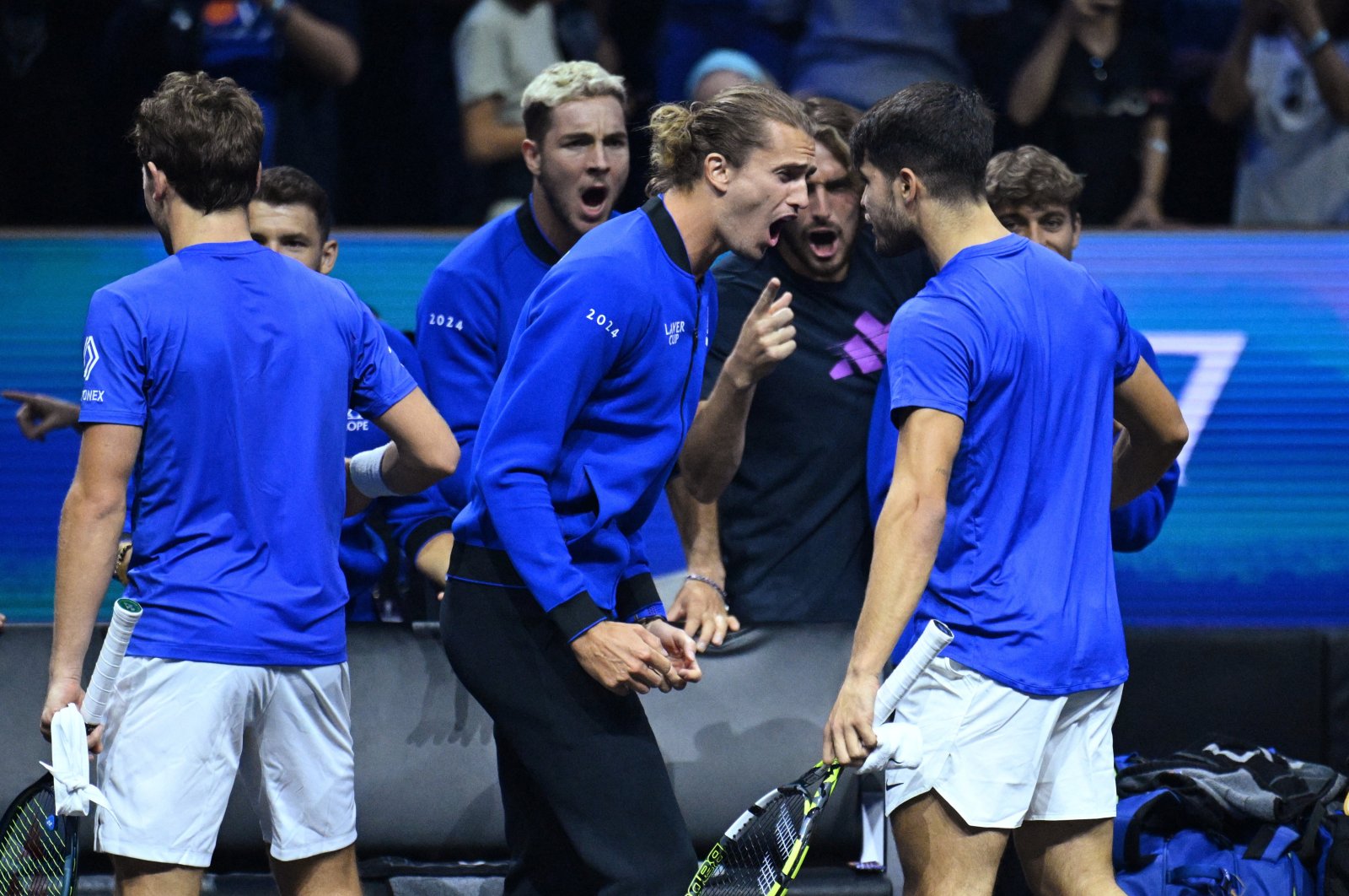 Team Europe&#039;s Carlos Alcaraz and Casper Ruud celebrate with Alexander Zverev after winning their Laver Cup doubles match against Team World&#039;s Frances Tiafoe and Ben Shelton at the Uber Arena, Berlin, Germany, Sept. 22, 2024. (Reuters Photo) 