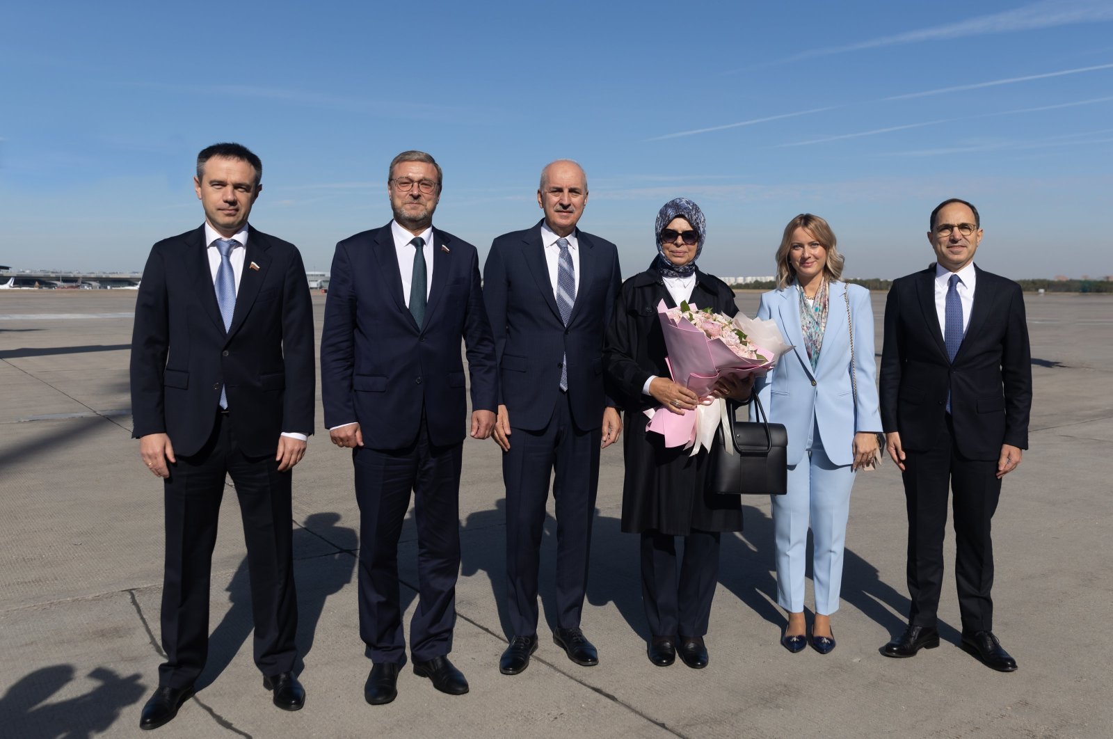 Parliament Speaker Numan Kurtulmuş (C) poses with Konstantin Kosachev (2nd L), acting head of the Russian Federation Council and fellow lawmakers, Moscow, Russia, Sept. 23, 2024. (AA Photo)