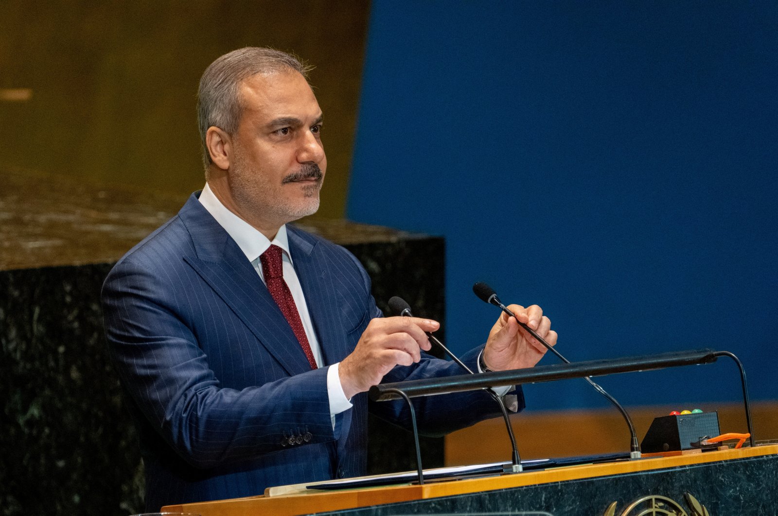 Minister of Foreign Affairs of Türkiye Hakan Fidan addresses the &quot;Summit of the Future&quot; in the General Assembly hall at United Nations headquarters in New York City, U.S., Sept. 23, 2024. (Reuters Photo)