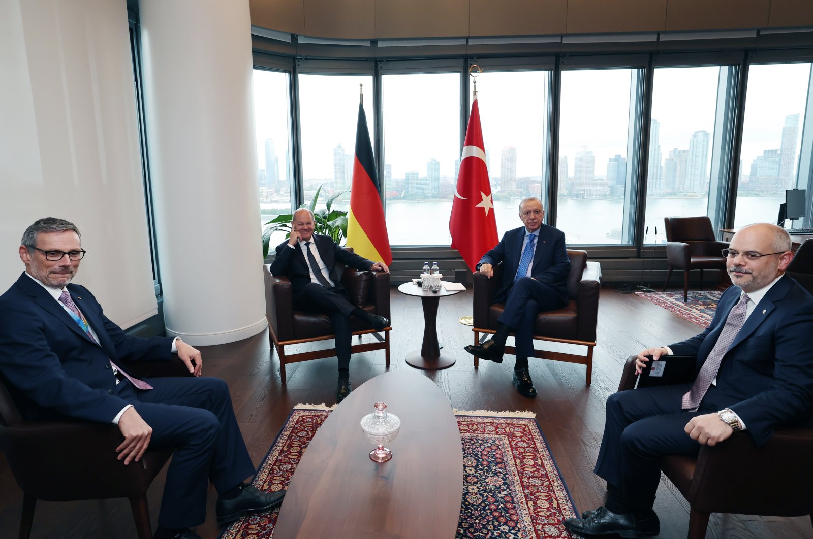 President Recep Tayyip Erdoğan and Germany&#039;s Chancellor Olaf Scholz hold a meeting in New York, Sept. 23, 2024. (DHA Photo)