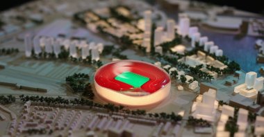 A model for proposed developments at Manchester United's Old Trafford Stadium on display at the Labour Party Conference, Liverpool, U.K., Sept. 22, 2024. (EPA Photo)