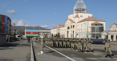 Azerbaijani officers attend a military parade marking the third anniversary of the victory in the Second Karabakh War, Khankendi, Azerbaijan, Nov. 8, 2023. (EPA Photo)