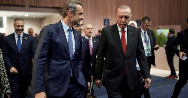 Greek Prime Minister Kyriakos Mitsotakis and President Recep Tayyip Erdoğan meet on the sidelines of a NATO summit, Washington, U.S., July 10, 2024. (Reuters Photo)