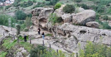 An aerial view shows the multilayered formations of the Tekkeköy Caves, Samsun, Türkiye, Sept. 24, 2024. (IHA Photo)