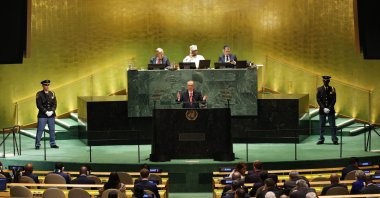President Recep Tayyip Erdoğan speaks during the 79th Session of the United Nations General Assembly at the United Nations headquarters in New York City, Sept. 24, 2024. (Presidential Communications Directorate Handout via IHA)