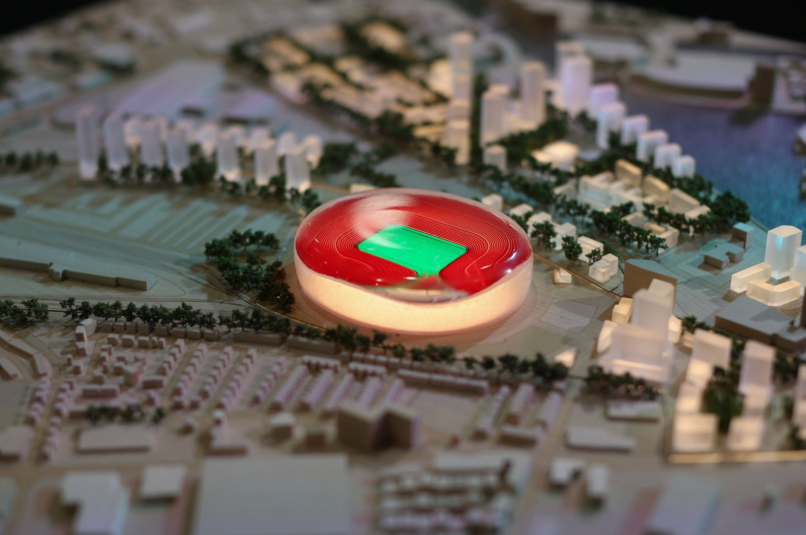 A model for proposed developments at Manchester United&#039;s Old Trafford Stadium on display at the Labour Party Conference, Liverpool, U.K., Sept. 22, 2024. (EPA Photo)