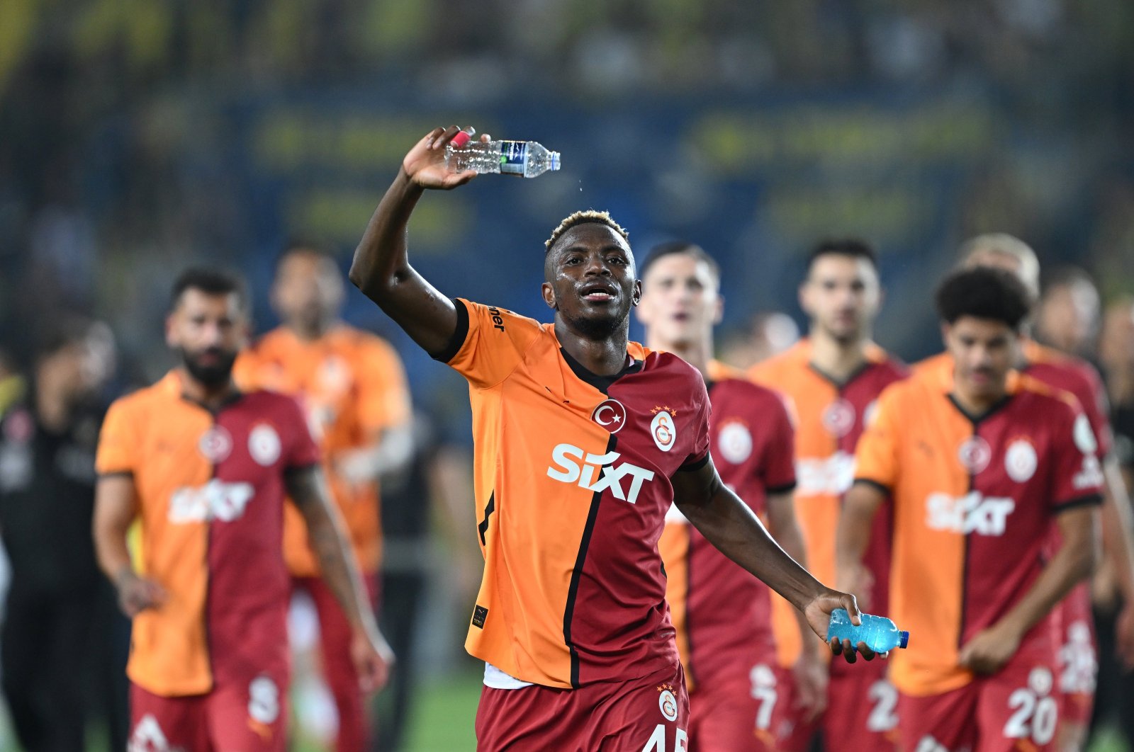 Galatasaray&#039;s Victor Osimhen leads the celebration following a Süper Lig win against Fenerbahçe at the RAMS Park, Istanbul, Türkiye, Sept. 21, 2024. (AA Photo)