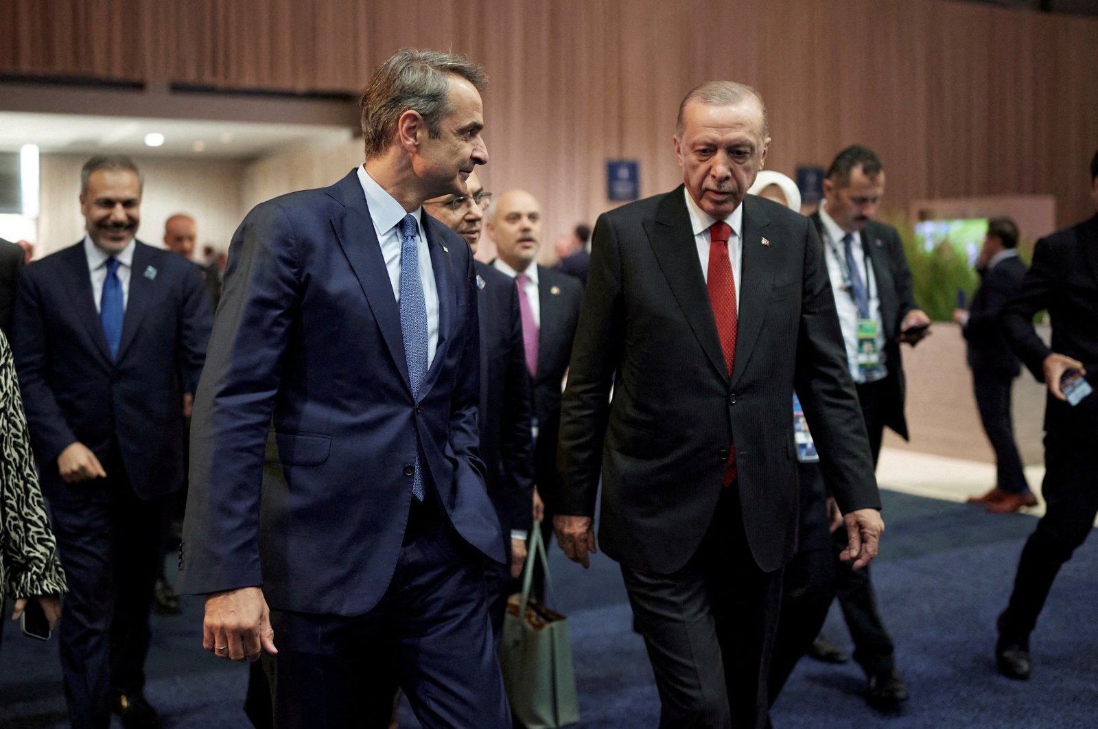 Greek Prime Minister Kyriakos Mitsotakis and President Recep Tayyip Erdoğan meet on the sidelines of a NATO summit, Washington, U.S., July 10, 2024. (Reuters Photo)