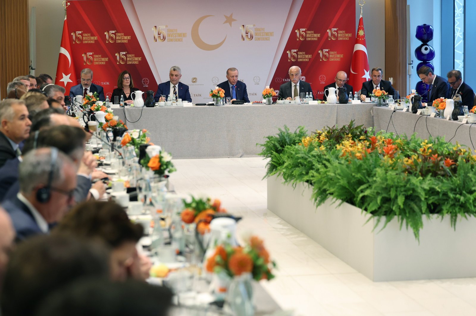 President Recep Tayyip Erdoğan attends a meeting with American and Turkish businesspeople, New York, U.S., Sept. 23, 2024. (AA Photo)