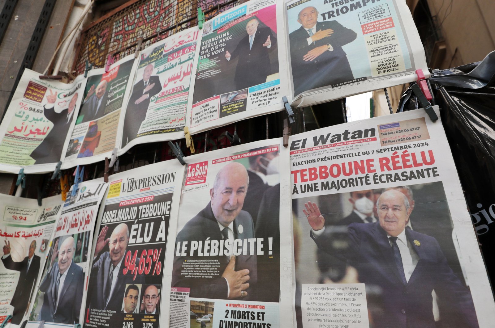 A newspaper stand displays local publications a day after the Algerian presidential elections, Algiers, Algeria, Sept. 9, 2024. (EPA Photo)