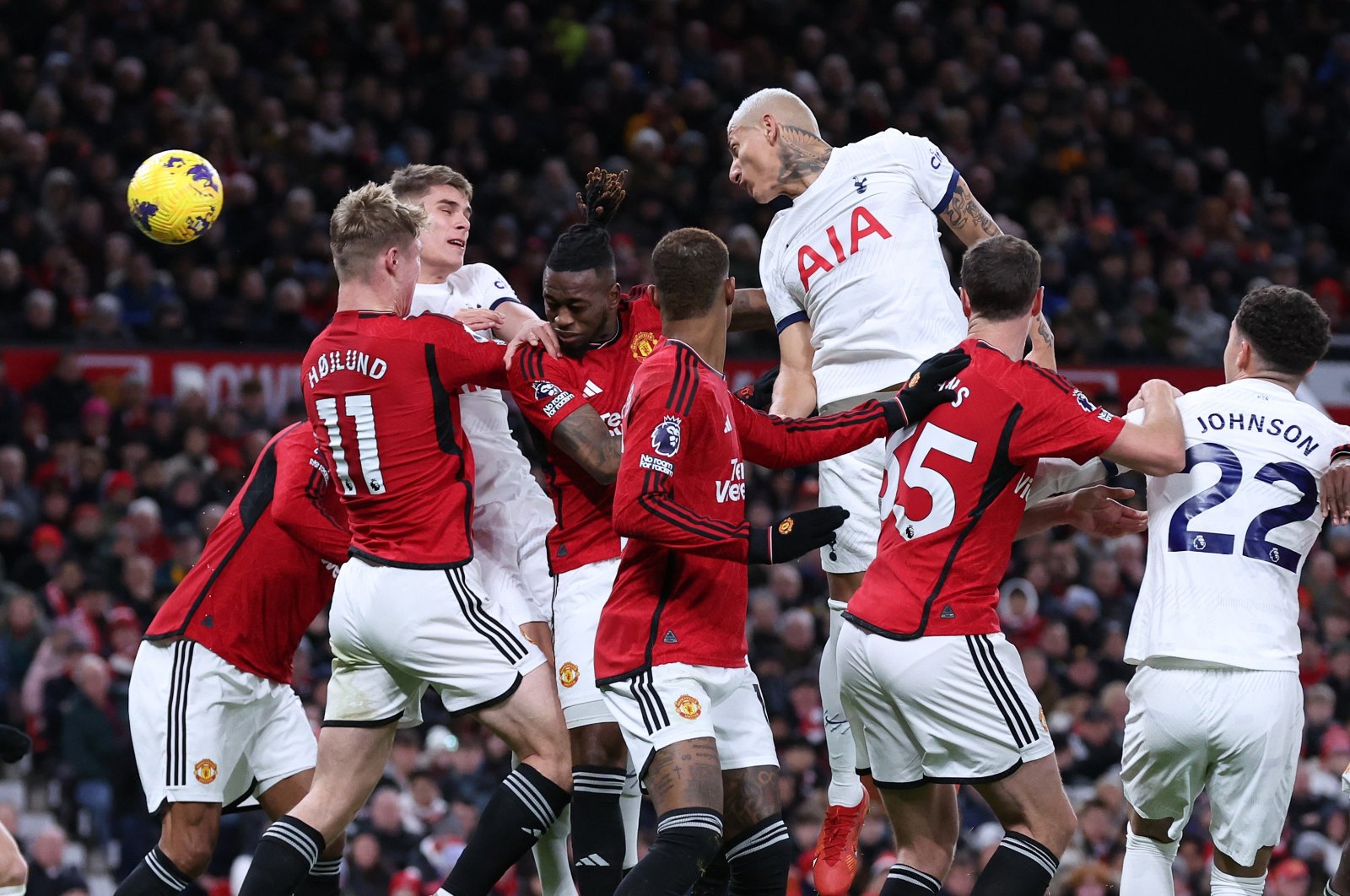 Richarlison of Tottenham Hotspur scores their first goal during the Premier League match between Manchester United and Tottenham Hotspur at Old Trafford, Manchester, U.K., Jan. 14, 2024. (Getty Images Photo)