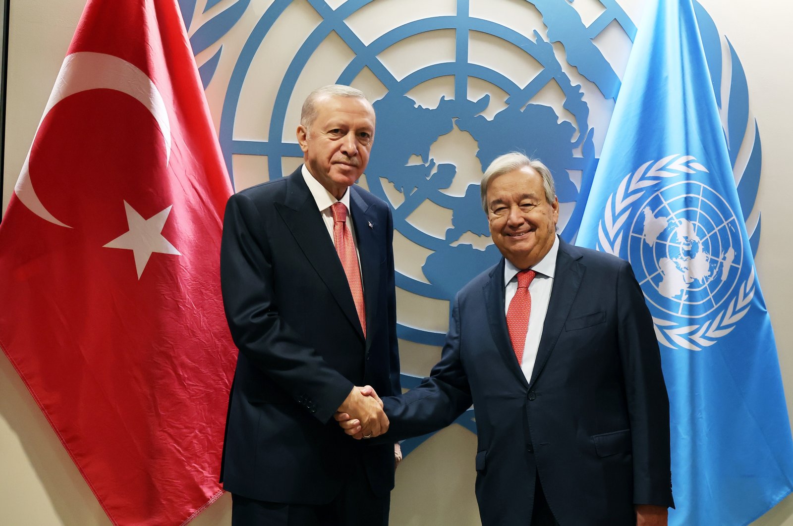 President Recep Tayyip Erdoğan, U.N. chief Guterres shake hands at U.N. headquarters in New York, Sept. 24, 2024. (DHA Photo)