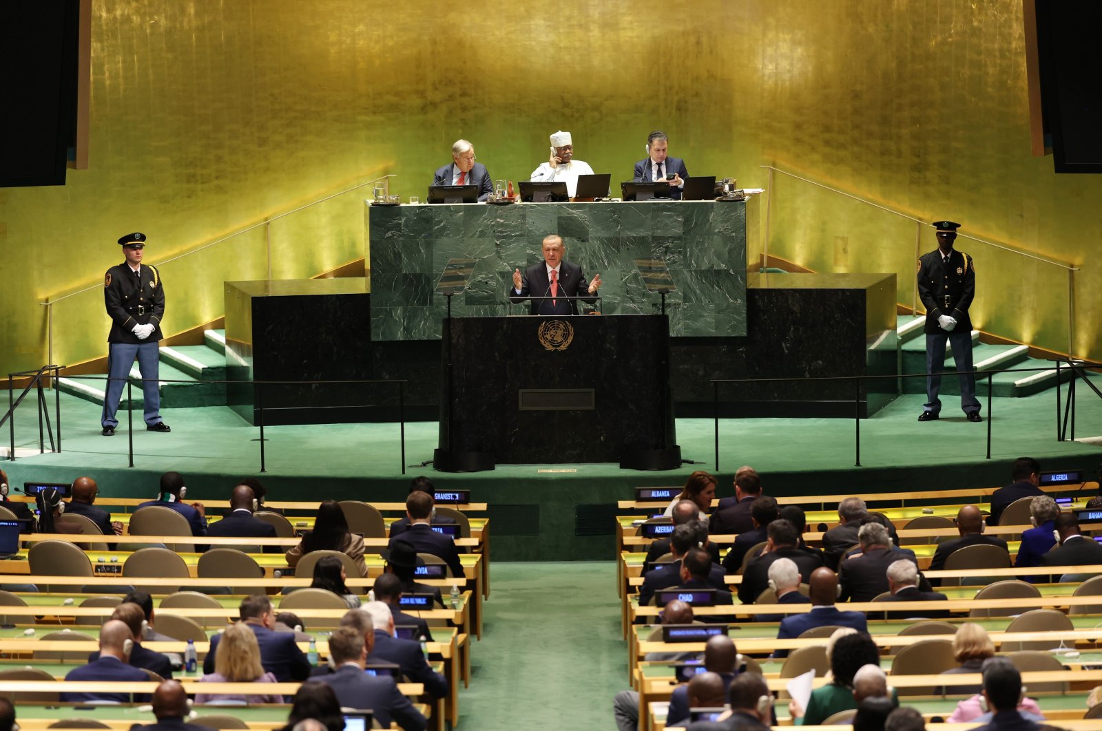 President Recep Tayyip Erdoğan speaks during the 79th Session of the United Nations General Assembly at the United Nations headquarters in New York City, Sept. 24, 2024. (Presidential Communications Directorate Handout via IHA)