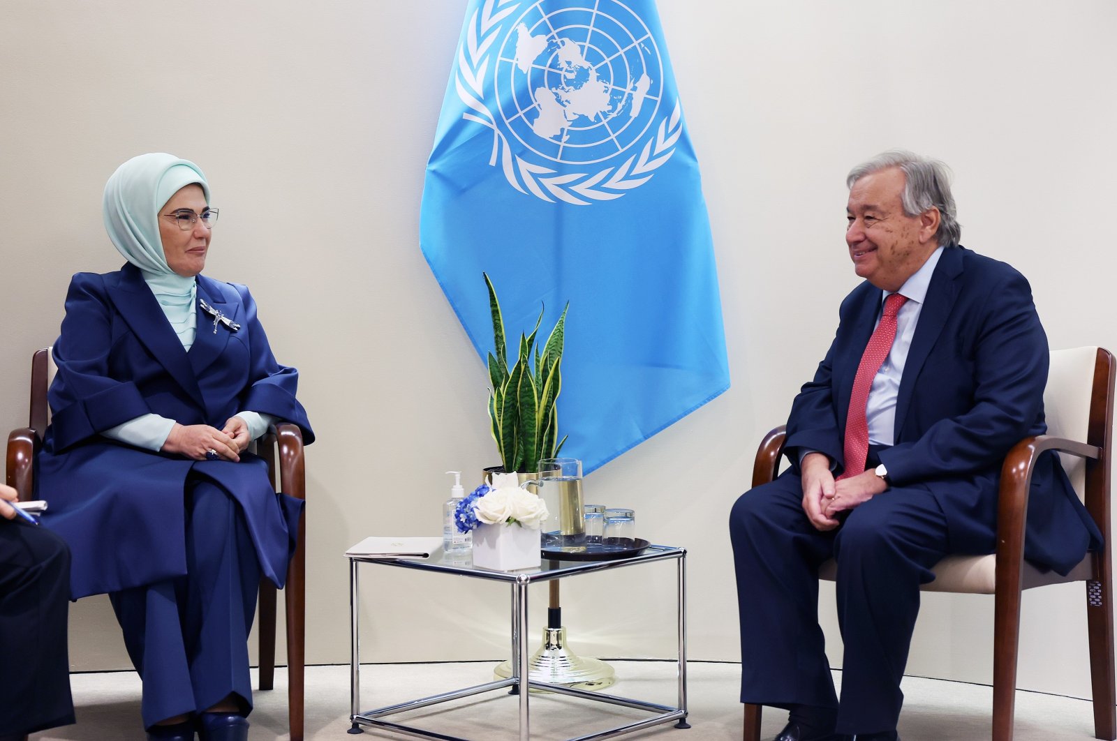 First lady Emine Erdoğan and U.N. chief Antonio Guterres hold meeting at U.N. headquarters in New York, Sept. 24, 2024. (IHA Photo)