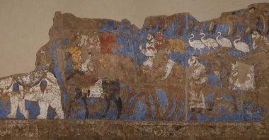 Section of the wall painting from the south wall of the ‘Hall of the Ambassadors,’ B.C. 660s, Afrasiab (Samarkand), Uzbekistan. (Courtesy of British Museum)
