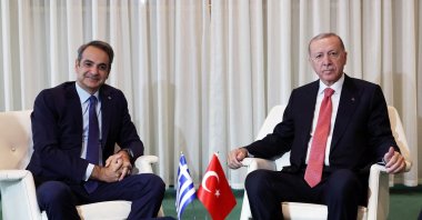 President Recep Tayyip Erdoğan meets with Greek Prime Minister Kyriakos Mitsotakis on the sidelines of the &quot;Summit of the Future&quot; at United Nations headquarters, New York, U.S., Sept. 24, 2024. (Reuters Photo)