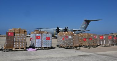 The humanitarian aid packages from Türkiye arrive at Rafik Hariri International Airport, Beirut, Lebanon, Sept. 25, 2024. (AA Photo)