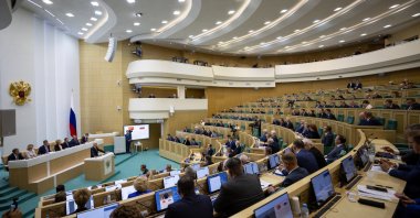 Parliament Speaker Numan Kurtulmuş addresses Russia&#039;s Federation Council, Moscow, Russia, Sept. 25, 2024. (AA Photo)