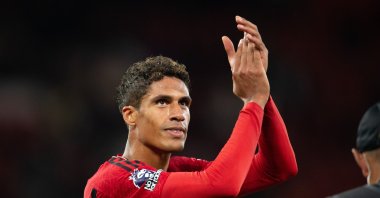 Raphael Varane celebrates Manchester United&#039;s win after the English Premier League match between Manchester United and Wolverhampton Wanderers, Manchester, U.K., Aug. 14, 2023. (EPA Photo)