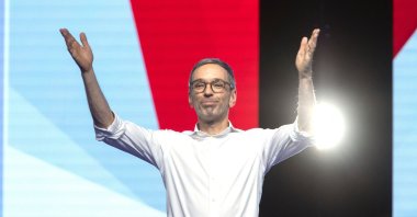 The chairman and top candidate of the Freedom Party of Austria (FPOe) Herbert Kickl waves to his audience in Graz, Styria, Sept. 7, 2024. (AFP Photo)