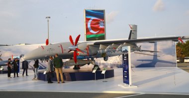 The Akıncı UCAV developed by Turkish defense and technology giant Baykar is showcased within the scope of the Azerbaijan International Defense Exhibition (ADEX-2024), Baku, Azerbaijan, Sept. 24, 2024. (AA Photo)