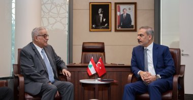 Foreign Minister Hakan Fidan and Lebanese Foreign Minister Abdallah Bouhabib speak at a meeting in New York, Sept. 25, 2024. (AA Photo)