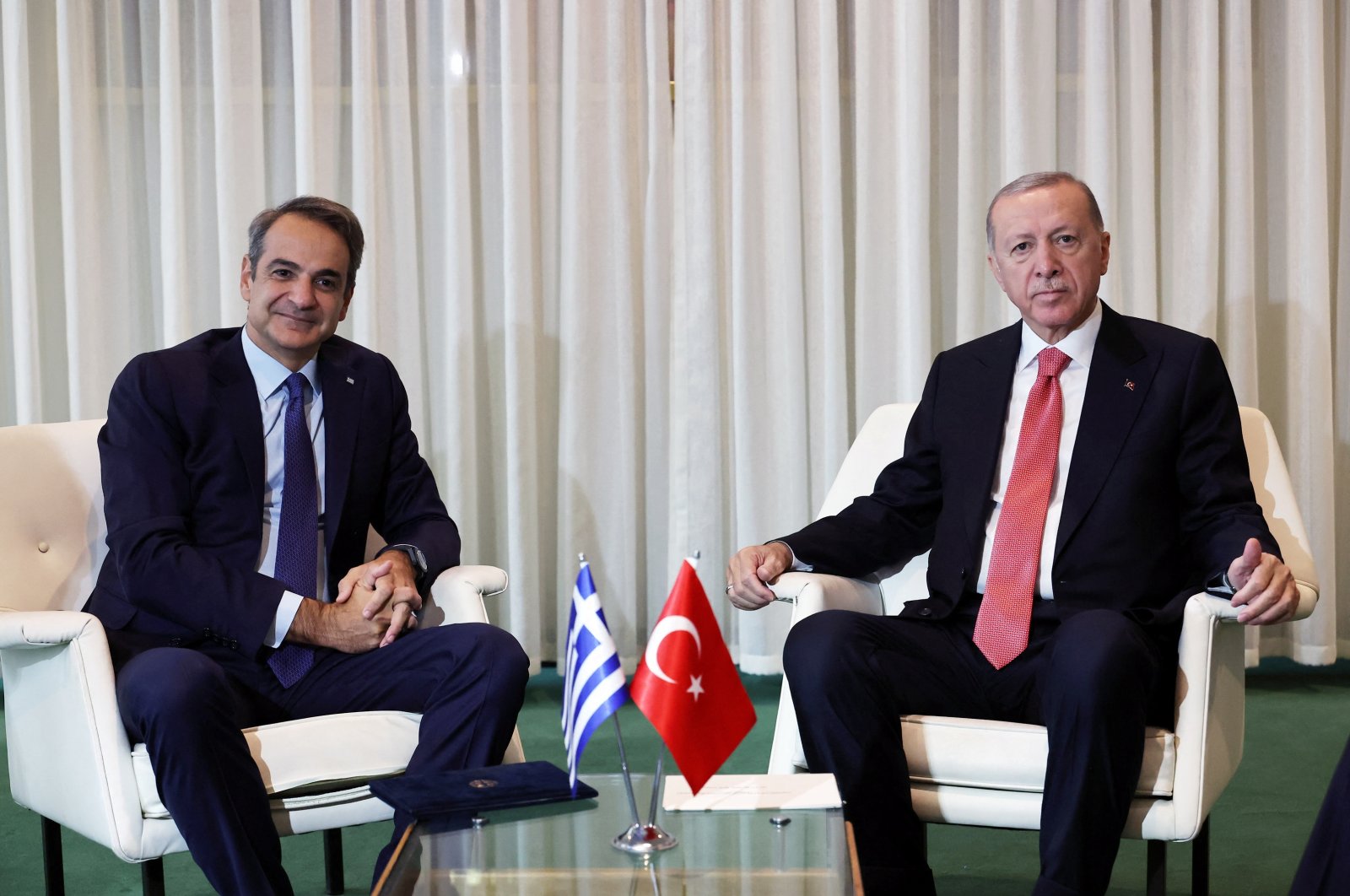 President Recep Tayyip Erdoğan meets with Greek Prime Minister Kyriakos Mitsotakis on the sidelines of the &quot;Summit of the Future&quot; at United Nations headquarters, New York, U.S., Sept. 24, 2024. (Reuters Photo)