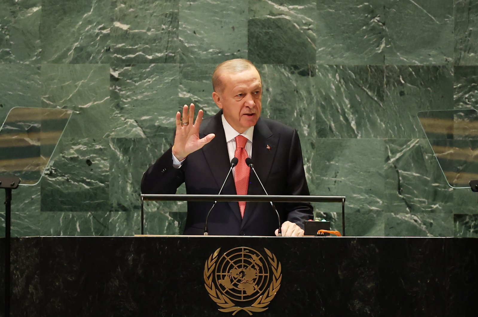 President Recep Tayyip Erdoğan addresses the participants at the 79th U.N. General Assembly, New York, U.S., Sept. 24, 2024. (AA Photo)