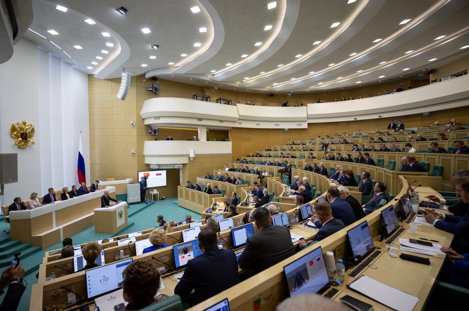 Parliament Speaker Numan Kurtulmuş addresses Russia&#039;s Federation Council, Moscow, Russia, Sept. 25, 2024. (AA Photo)