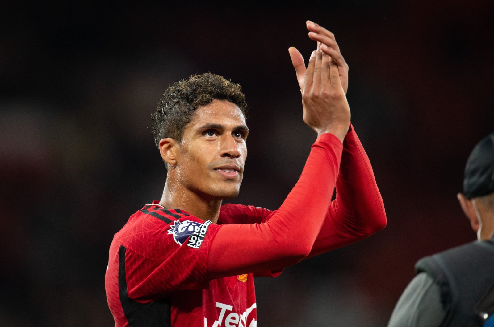 Raphael Varane celebrates Manchester United&#039;s win after the English Premier League match between Manchester United and Wolverhampton Wanderers, Manchester, U.K., Aug. 14, 2023. (EPA Photo)