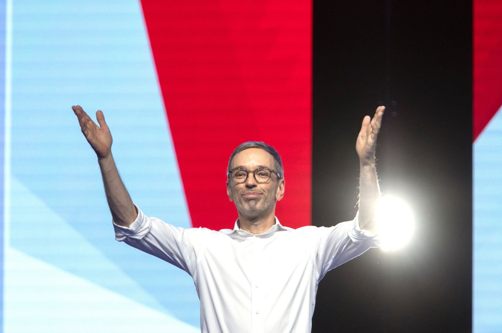 The chairman and top candidate of the Freedom Party of Austria (FPOe) Herbert Kickl waves to his audience in Graz, Styria, Sept. 7, 2024. (AFP Photo)