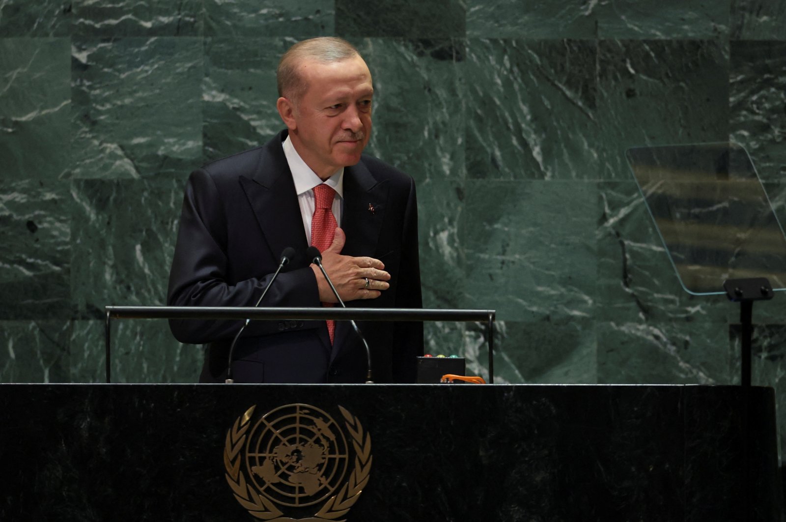 President Recep Tayyip Erdoğan gestures as he addresses the 79th United Nations General Assembly at U.N. headquarters, New York, U.S., Sept. 24, 2024. (Reuters Photo)