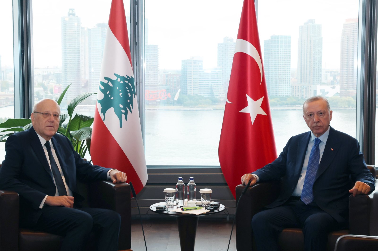 President Recep Tayyip Erdoğan, and Lebanon&#039;s Prime Minister Najib Mikati attend a meeting at Turkish House in New York, Sept. 25, 2024. (AA Photo)