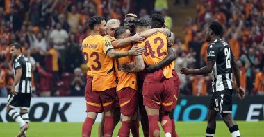 Galatasaray players celebrate after a goal durign the Europa League match against PAOK at the RAMS Park, Istanbul, Türkiye, Sept. 25, 2024. (IHA Photo)